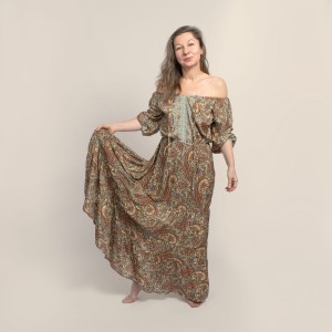 Sukienka - hiszpanka - seledynowo miedziana 